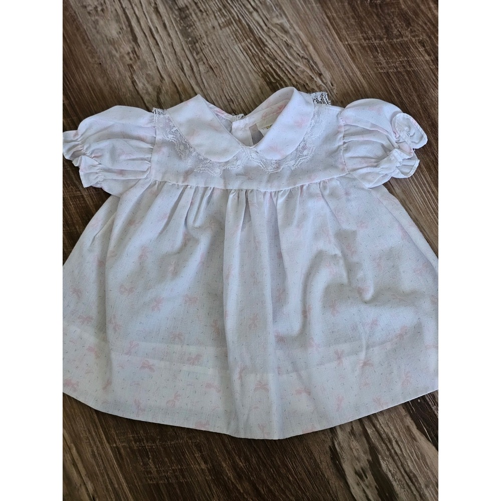 Mayfair Vintage Baby Girl Dress Pink Bow‎ Print Lace Collar White 0-3 Months